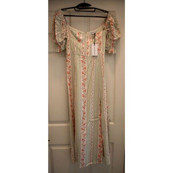 WeWoreWhat Women Sz 2 Green Victorian Floral Stripe Puff Sleeve Midi Dress - Picture 1 of 10